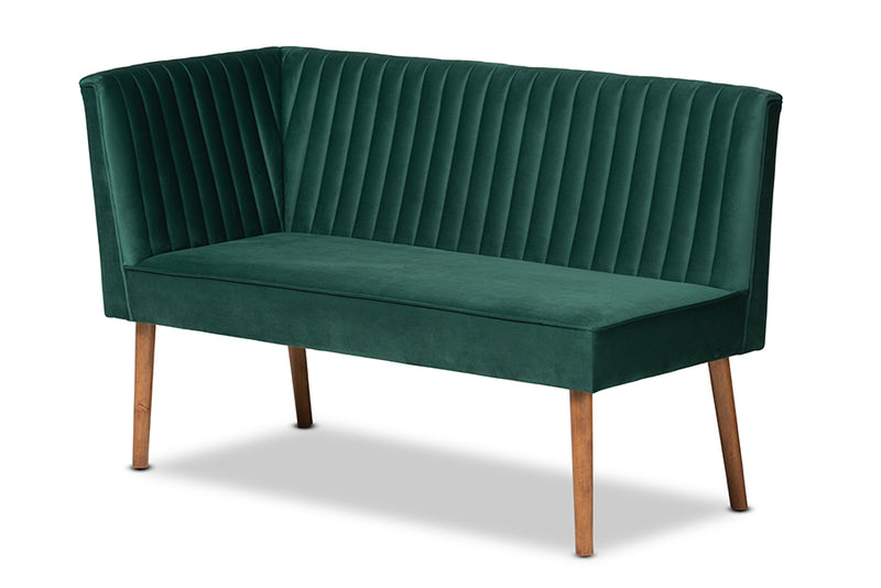 Freda Mid-Century Modern Emerald Green Velvet Upholstered and Walnut Brown Finished Wood 2-Piece Dining Nook Banquette Set