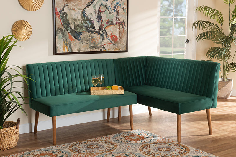 Freda Mid-Century Modern Emerald Green Velvet Upholstered and Walnut Brown Finished Wood 2-Piece Dining Nook Banquette Set