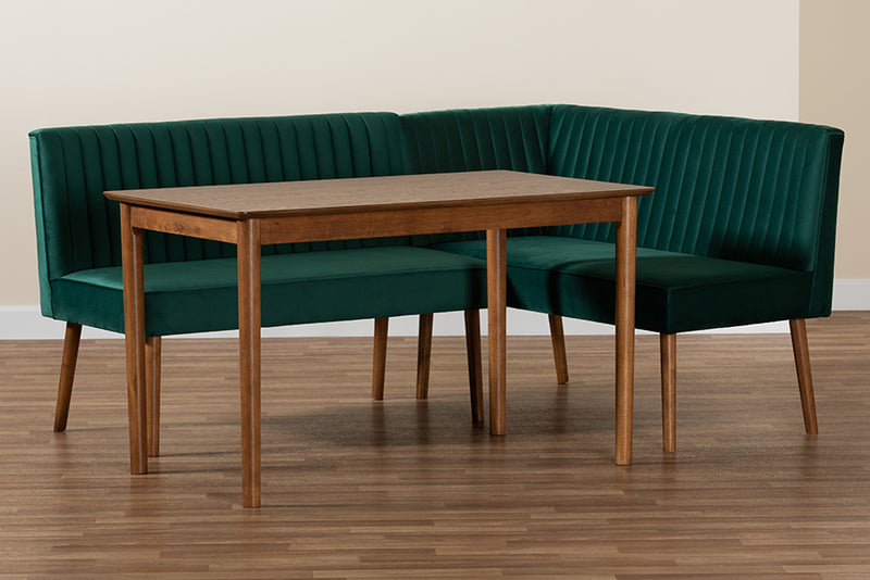 Freda Mid-Century Modern Emerald Green Velvet Upholstered and Walnut Brown Finished Wood 3-Piece Dining Nook Set