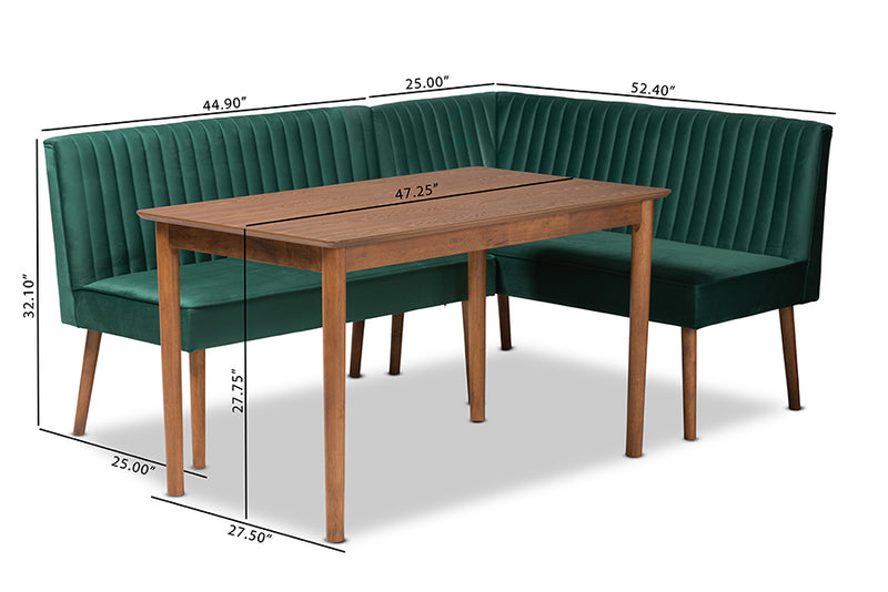 Freda Mid-Century Modern Emerald Green Velvet Upholstered and Walnut Brown Finished Wood 3-Piece Dining Nook Set