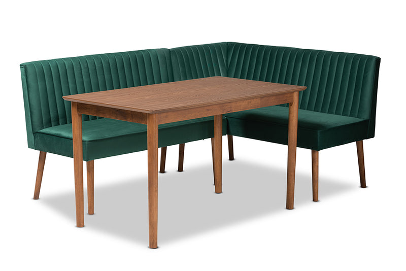 Freda Mid-Century Modern Emerald Green Velvet Upholstered and Walnut Brown Finished Wood 3-Piece Dining Nook Set