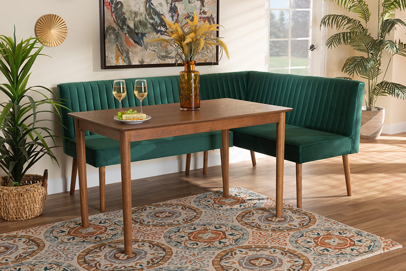 Freda Mid-Century Modern Emerald Green Velvet Upholstered and Walnut Brown Finished Wood 3-Piece Dining Nook Set