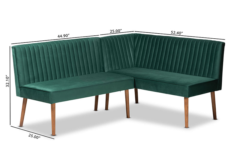 Freda Mid-Century Modern Emerald Green Velvet Upholstered and Walnut Brown Finished Wood 2-Piece Dining Nook Banquette Set