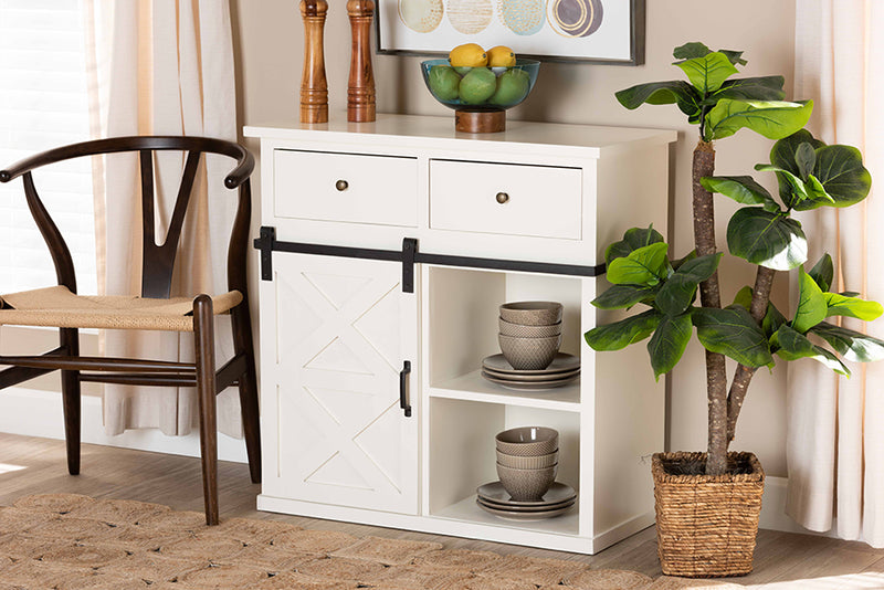 Odette Modern and Contemporary Farmhouse White Finished Wood and Black Metal 2-Door Sideboard Buffet