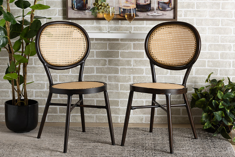 Noah Mid-Century Modern Dark Brown Finished Metal and Synthetic Rattan 2-Piece Dining Chair Set