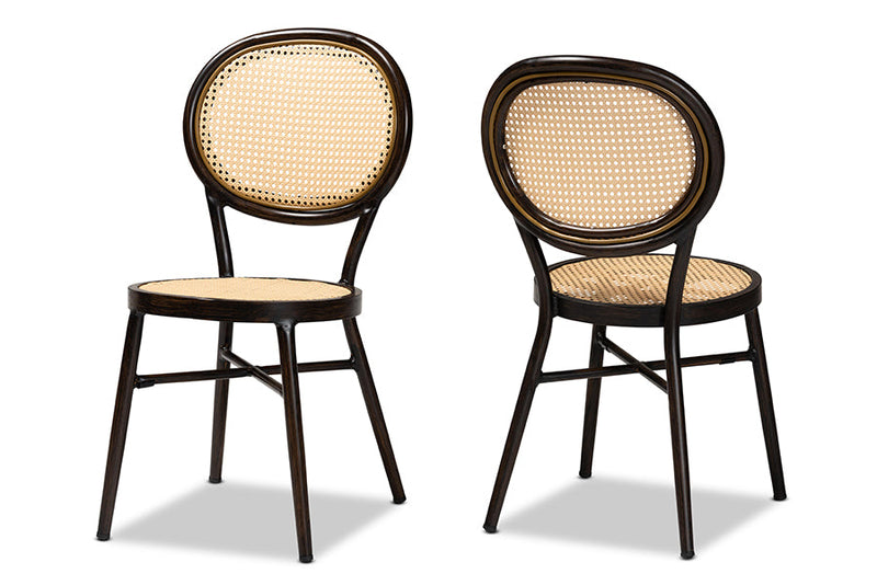 Noah Dark Brown Finished Metal and Synthetic Rattan 2Pc Dining Chair Set Baxton