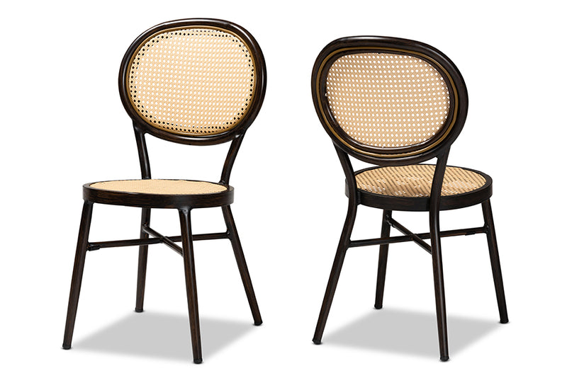 Noah Mid-Century Modern Dark Brown Finished Metal and Synthetic Rattan 2-Piece Dining Chair Set