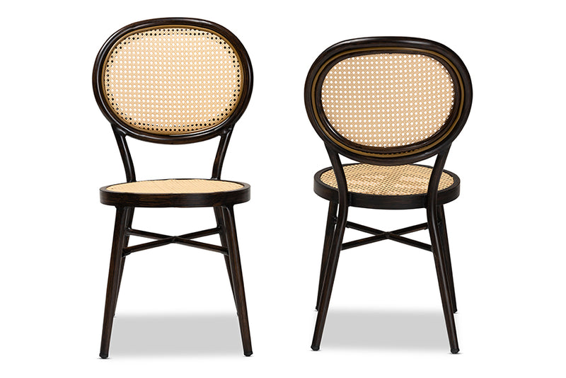 Noah Mid-Century Modern Dark Brown Finished Metal and Synthetic Rattan 2-Piece Dining Chair Set