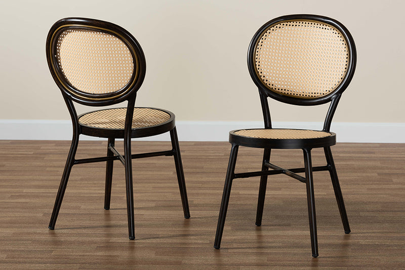 Noah Mid-Century Modern Dark Brown Finished Metal and Synthetic Rattan 2-Piece Dining Chair Set