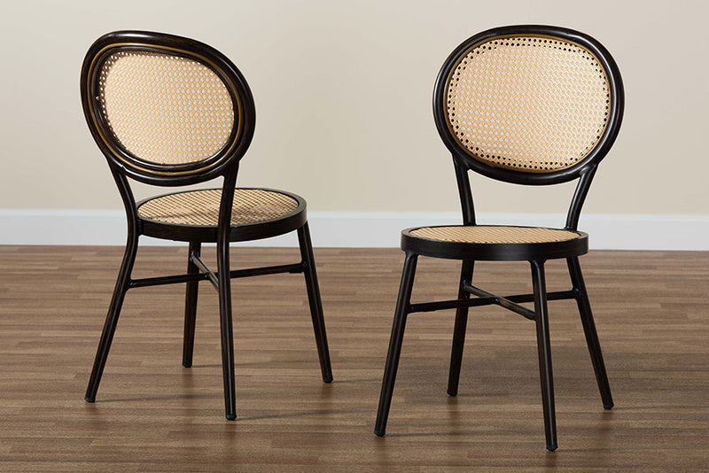 Noah Dark Brown Finished Metal and Synthetic Rattan 2Pc Dining Chair Set Baxton