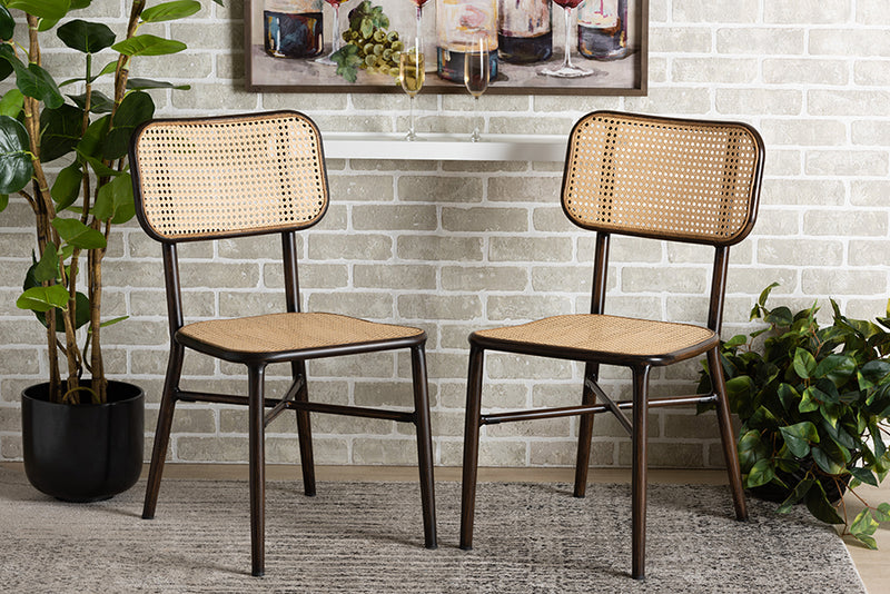 Kalare Mid-Century Modern Dark Brown Finished Metal and Synthetic Rattan 2-Piece Dining Chair Set