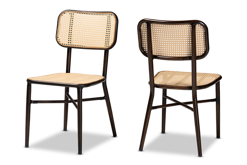 Kalare Mid-Century Modern Dark Brown Finished Metal and Synthetic Rattan 2-Piece Dining Chair Set