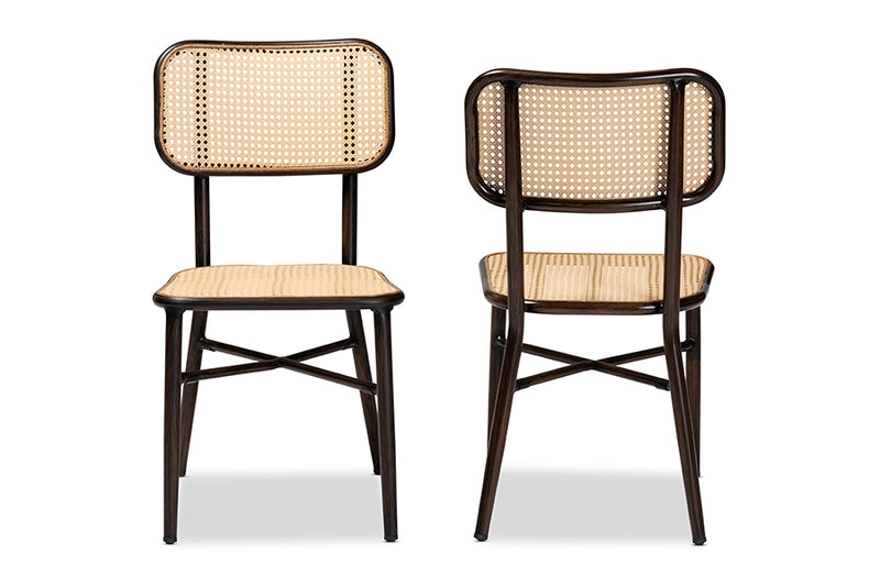 Kalare Mid-Century Modern Dark Brown Finished Metal and Synthetic Rattan 2-Piece Dining Chair Set