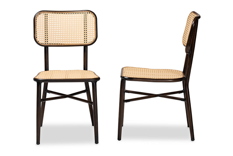 Kalare Mid-Century Modern Dark Brown Finished Metal and Synthetic Rattan 2-Piece Dining Chair Set