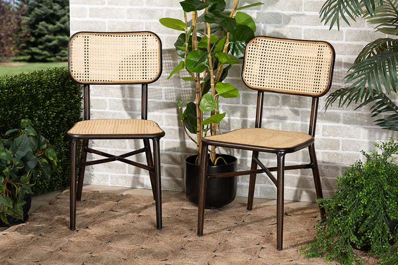 Kalare Mid-Century Modern Dark Brown Finished Metal and Synthetic Rattan 2-Piece Dining Chair Set