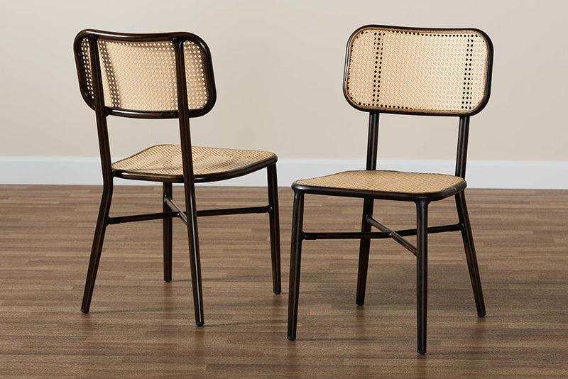 Kalare Dark Brown Finished Metal and Synthetic Rattan 2Pc Dining Chair Set Baxton