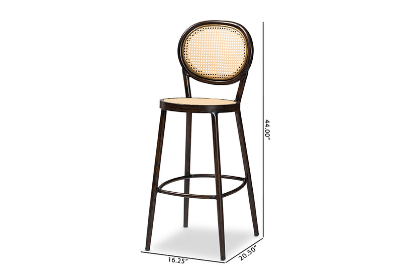 Noah Mid-Century Modern Dark Brown Finished Metal and Synthetic Rattan Outdoor Bar Stool