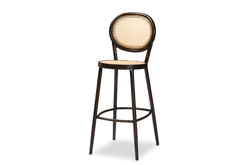 Noah Mid-Century Modern Dark Brown Finished Metal and Synthetic Rattan Outdoor Bar Stool