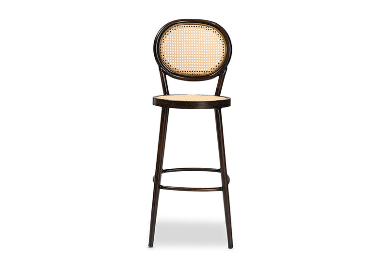 Noah Mid-Century Modern Dark Brown Finished Metal and Synthetic Rattan Outdoor Bar Stool