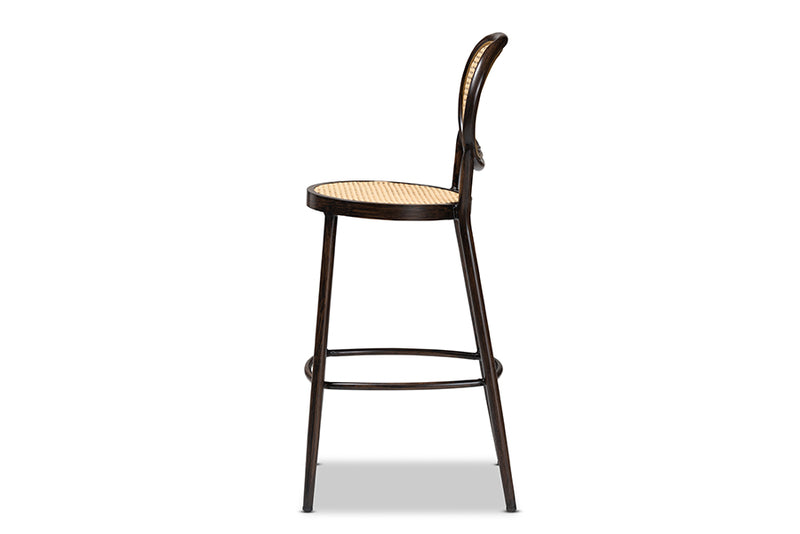 Noah Mid-Century Modern Dark Brown Finished Metal and Synthetic Rattan Outdoor Bar Stool