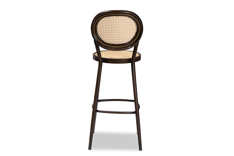 Noah Mid-Century Modern Dark Brown Finished Metal and Synthetic Rattan Outdoor Bar Stool