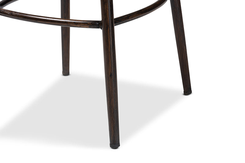 Noah Mid-Century Modern Dark Brown Finished Metal and Synthetic Rattan Outdoor Bar Stool