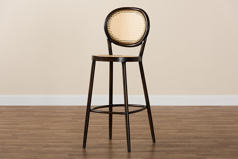 Noah Mid-Century Modern Dark Brown Finished Metal and Synthetic Rattan Outdoor Bar Stool