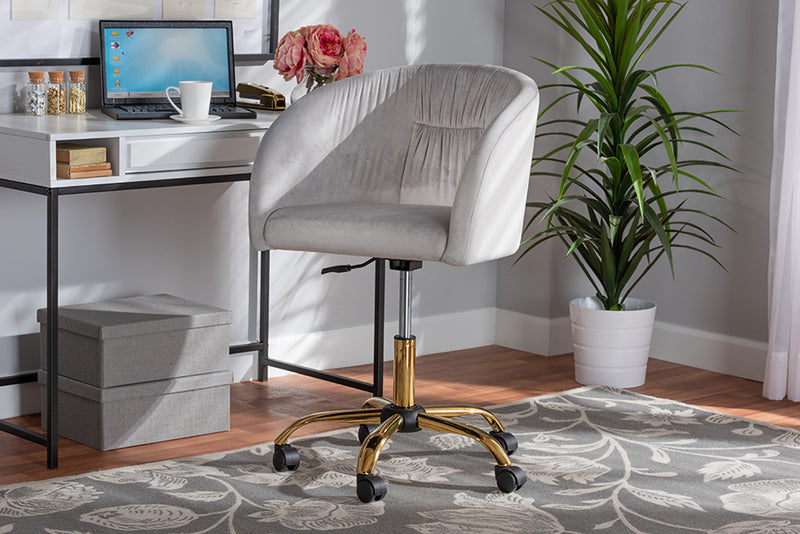 Charlemagne Contemporary Glam and Luxe Gray Velvet Fabric and Gold Metal Swivel Office Chair