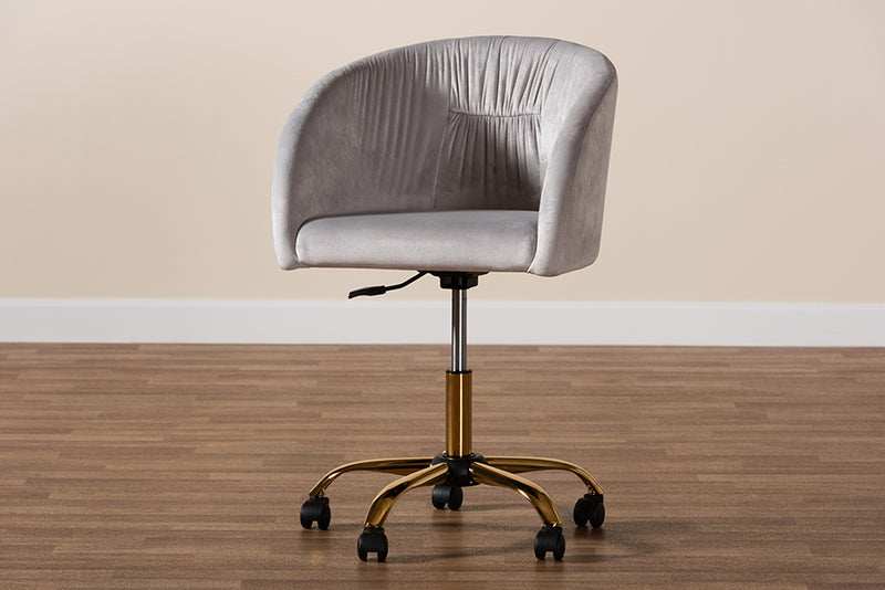 Charlemagne Contemporary Glam and Luxe Gray Velvet Fabric and Gold Metal Swivel Office Chair