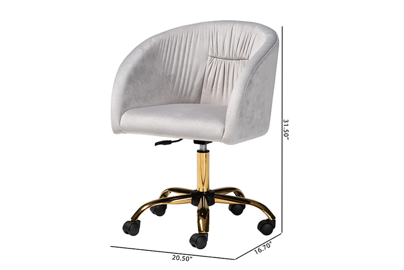 Charlemagne Contemporary Glam and Luxe Gray Velvet Fabric and Gold Metal Swivel Office Chair