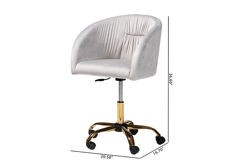 Charlemagne Contemporary Glam and Luxe Gray Velvet Fabric and Gold Metal Swivel Office Chair