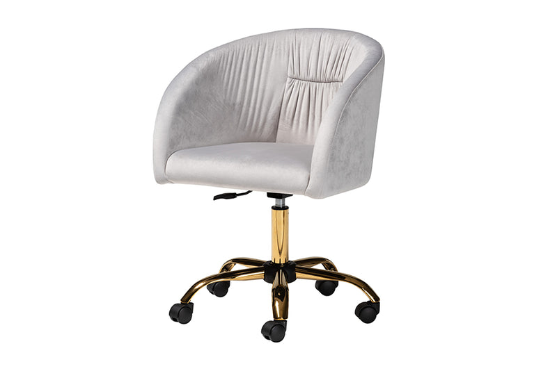 Charlemagne Contemporary Glam and Luxe Gray Velvet Fabric and Gold Metal Swivel Office Chair