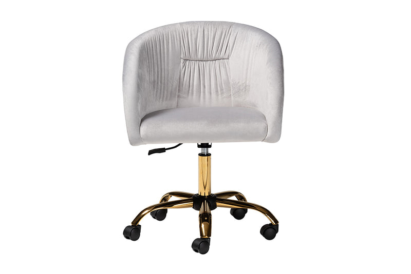 Charlemagne Contemporary Glam and Luxe Gray Velvet Fabric and Gold Metal Swivel Office Chair