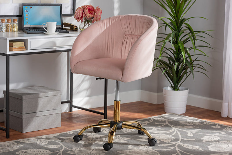Charlemagne Blush Pink Velvet Fabric and Gold Metal Swivel Office Chair Baxton