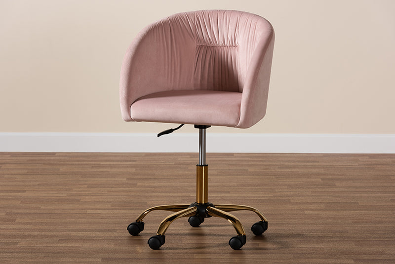 Charlemagne Contemporary Glam and Luxe Blush Pink Velvet Fabric and Gold Metal Swivel Office Chair