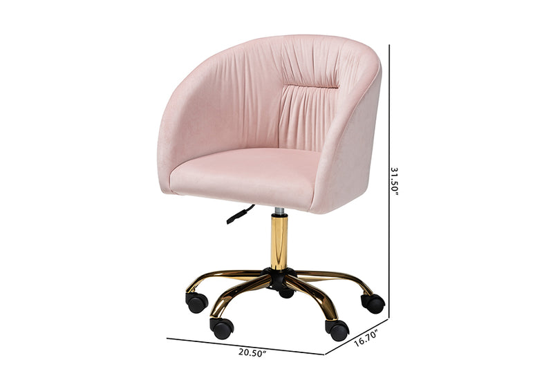 Charlemagne Contemporary Glam and Luxe Blush Pink Velvet Fabric and Gold Metal Swivel Office Chair