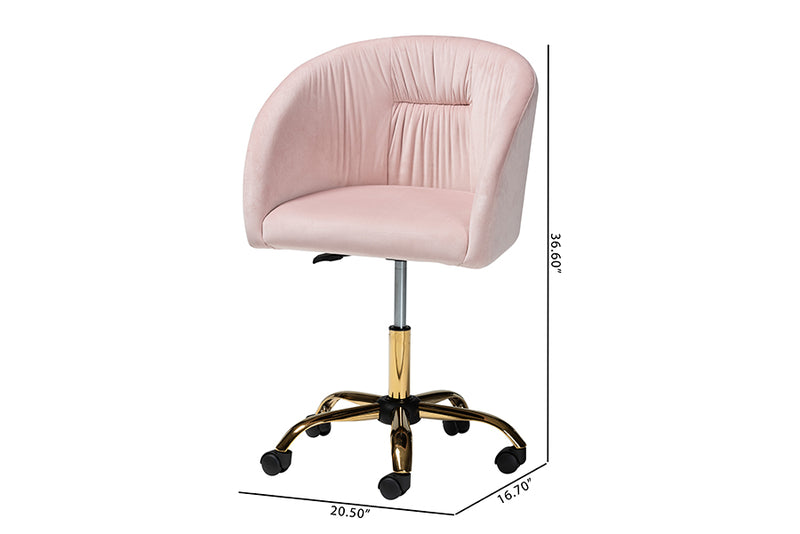 Charlemagne Contemporary Glam and Luxe Blush Pink Velvet Fabric and Gold Metal Swivel Office Chair