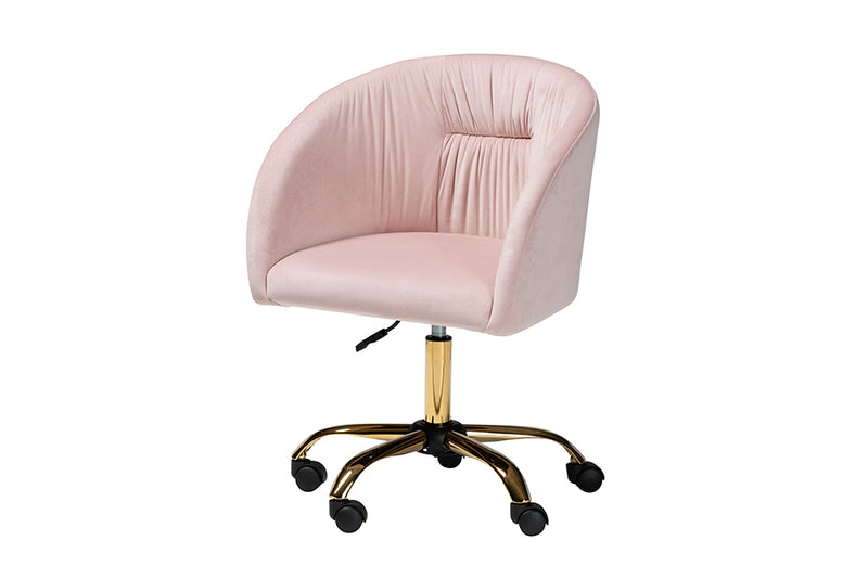 Charlemagne Contemporary Glam and Luxe Blush Pink Velvet Fabric and Gold Metal Swivel Office Chair