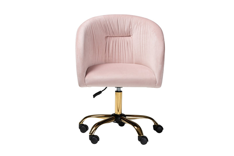 Charlemagne Contemporary Glam and Luxe Blush Pink Velvet Fabric and Gold Metal Swivel Office Chair