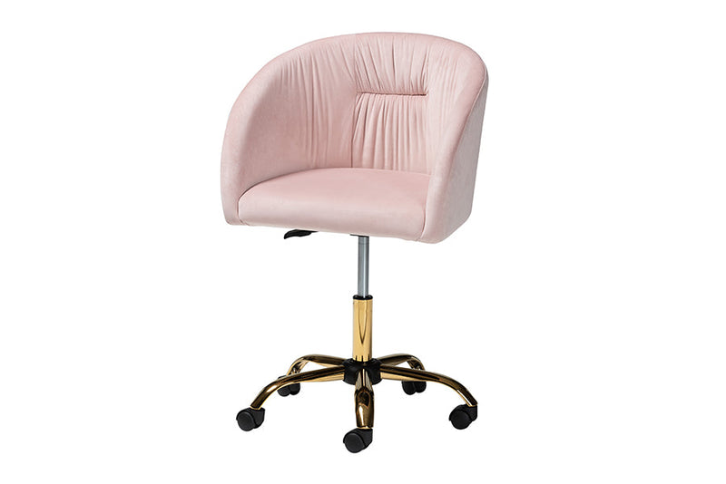 Charlemagne Blush Pink Velvet Fabric and Gold Metal Swivel Office Chair Baxton