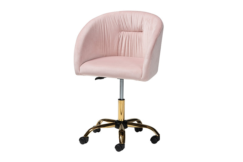 Charlemagne Contemporary Glam and Luxe Blush Pink Velvet Fabric and Gold Metal Swivel Office Chair