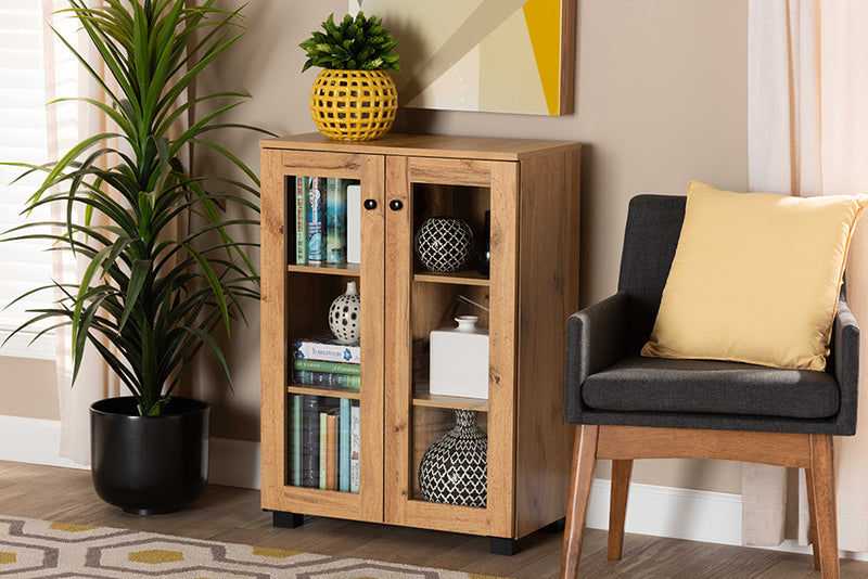 Laurien Modern and Contemporary Oak Brown Finished Wood 2-Door Storage Cabinet w/Glass Doors
