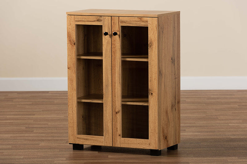 Laurien Oak Brown 2-Door Storage Cabinet w/Glass Doors Baxton