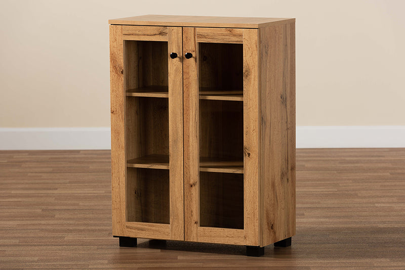 Laurien Modern and Contemporary Oak Brown Finished Wood 2-Door Storage Cabinet w/Glass Doors