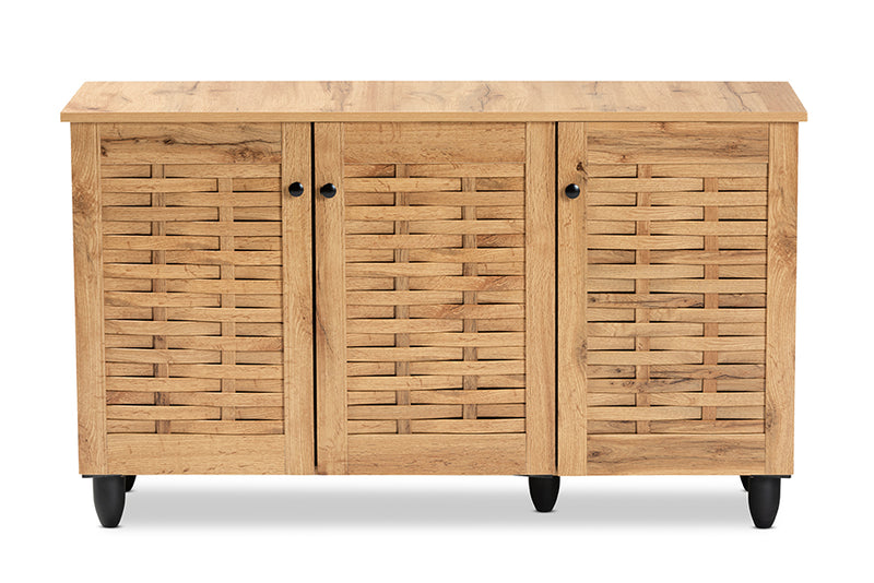 Curlew Modern and Contemporary Oak Brown Finished Wood 3-Door Shoe Cabinet