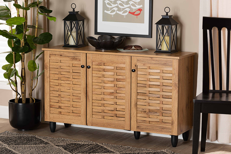 Curlew Modern and Contemporary Oak Brown Finished Wood 3-Door Shoe Cabinet