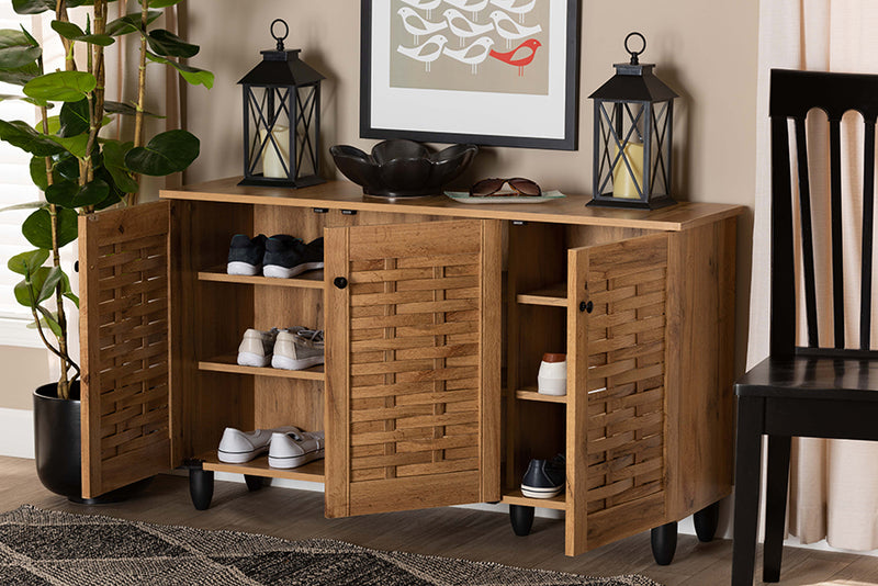 Curlew Modern and Contemporary Oak Brown Finished Wood 3-Door Shoe Cabinet