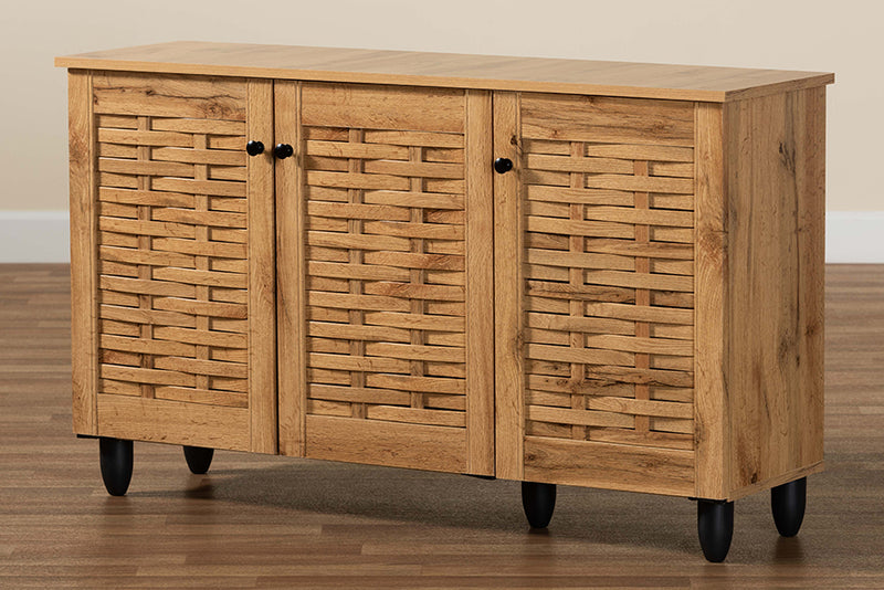 Curlew Modern and Contemporary Oak Brown Finished Wood 3-Door Shoe Cabinet