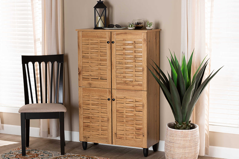 Curlew Modern and Contemporary Oak Brown Finished Wood 4-Door Shoe Storage Cabinet