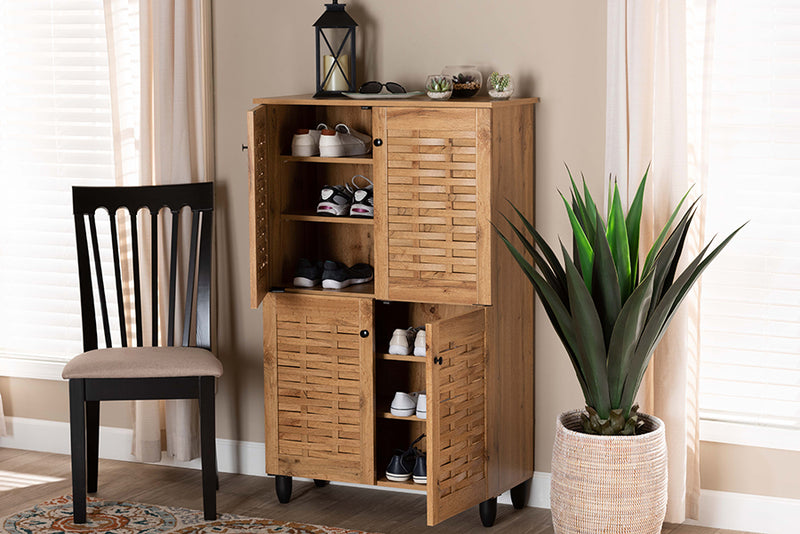 Curlew Modern and Contemporary Oak Brown Finished Wood 4-Door Shoe Storage Cabinet